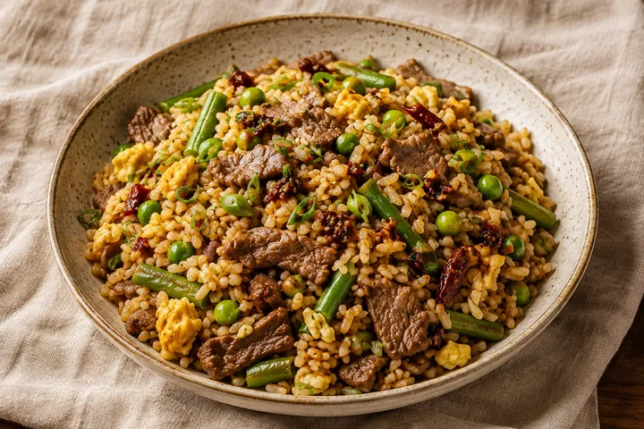 Beef fried rice with peas, green beans, scrambled egg, scallions, and chili crisp in a speckled ceramic bowl