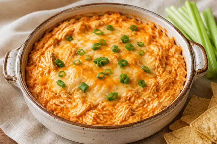 Creamy orange buffalo chicken dip topped with melted cheese and sliced scallions in a speckled ceramic dish