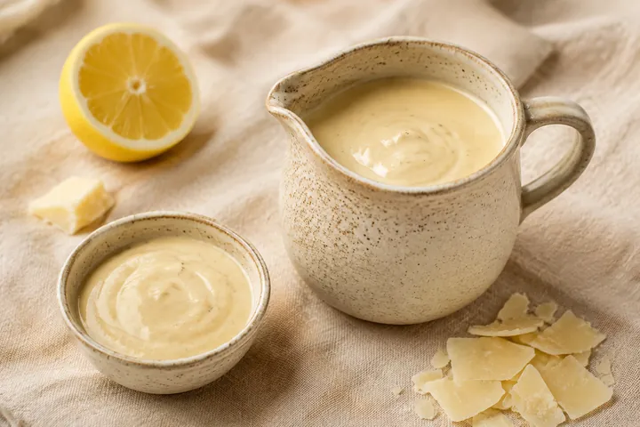 Creamy Caesar dressing in a speckled ceramic pitcher and bowl with lemon and shaved Parmesan