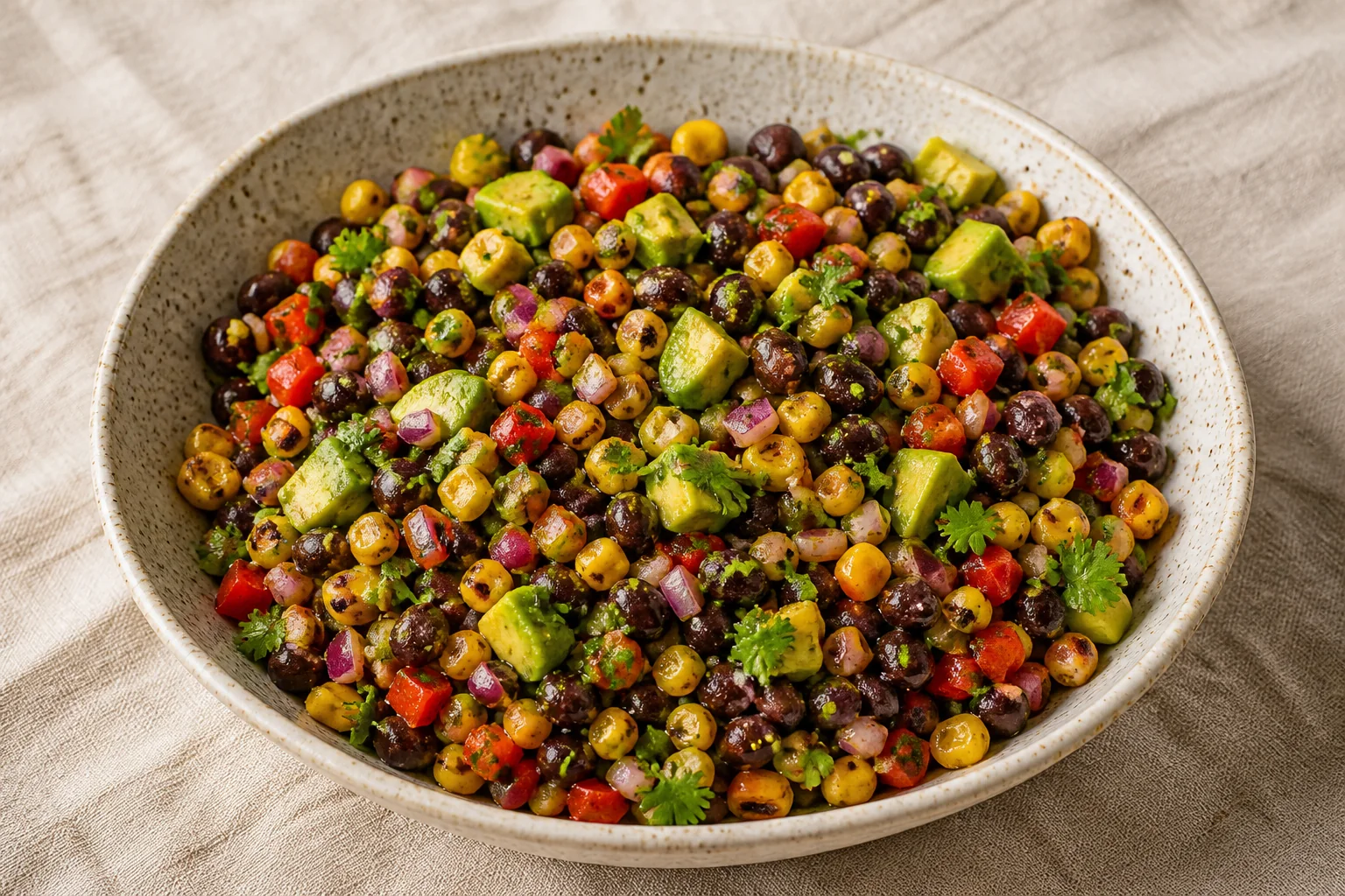Cowboy caviar with black beans, grilled corn, red pepper, red onion, cilantro, and avocado in a ceramic bowl