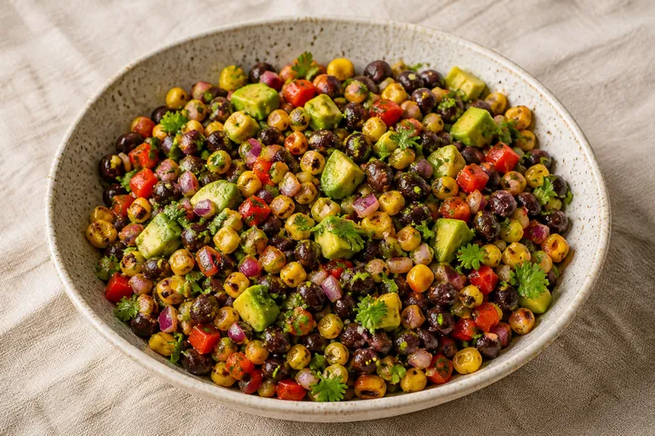 Cowboy caviar with black beans, grilled corn, red pepper, red onion, cilantro, and avocado in a ceramic bowl