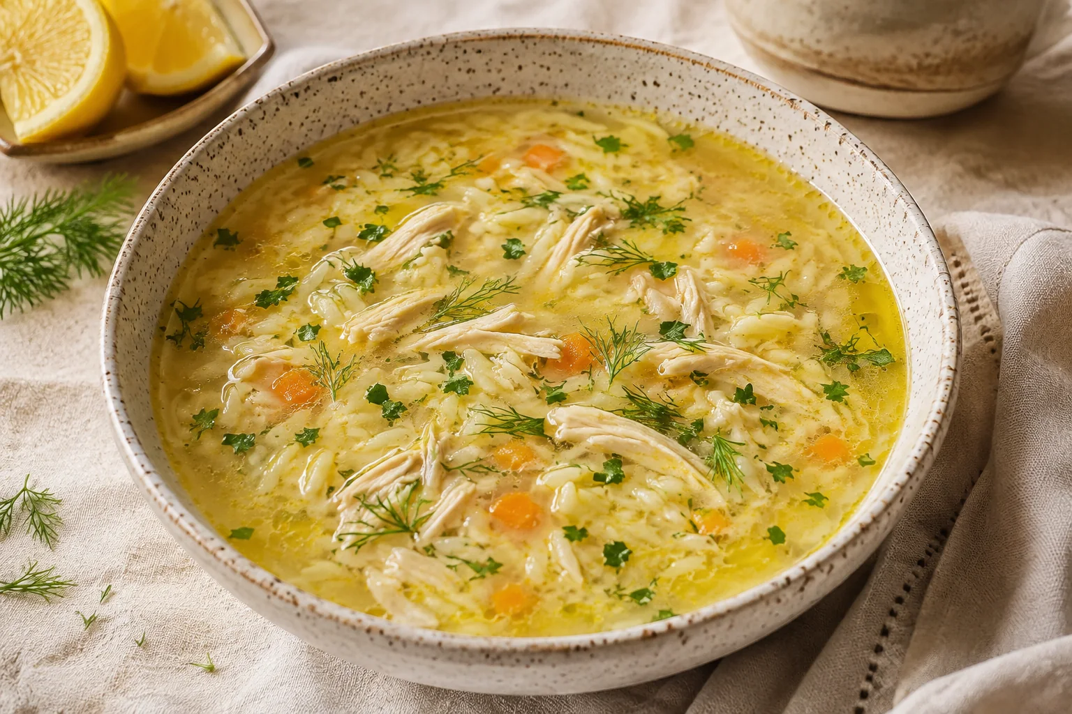 Silky Greek lemon soup with shredded chicken, orzo, carrots, dill, and parsley in a speckled ceramic bowl